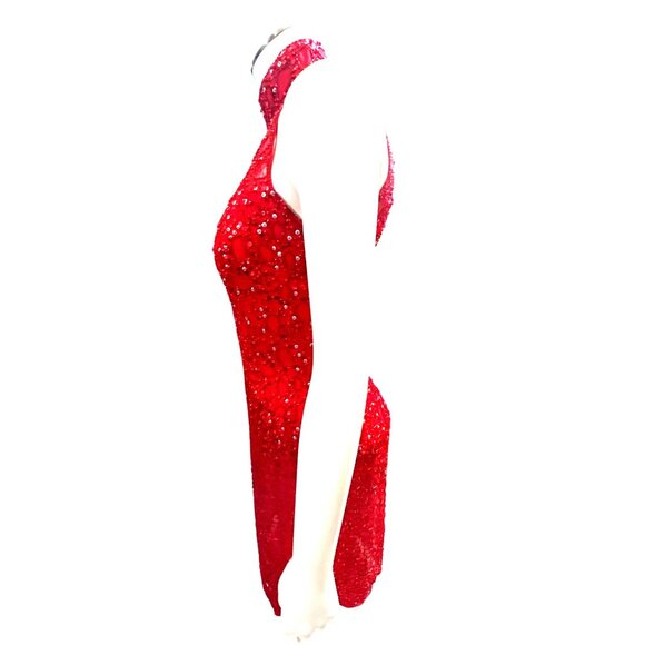 Niteline Della Roufogali Size 4 Red Beaded Silk Halter Open Back Gown Glamour - Picture 6 of 10